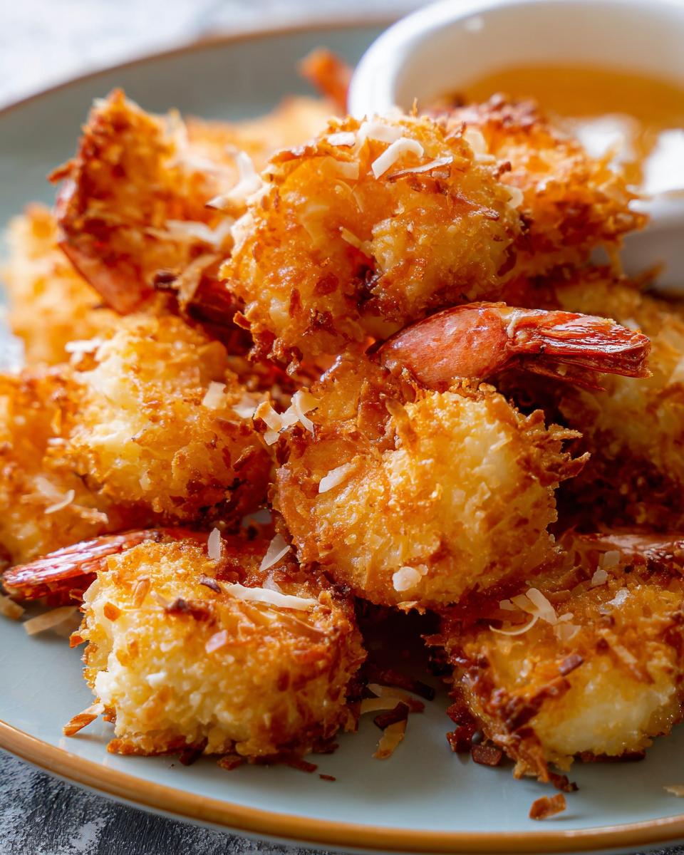 Close-up of golden-brown, crispy coconut shrimp piled on a plate, ready to be dipped.