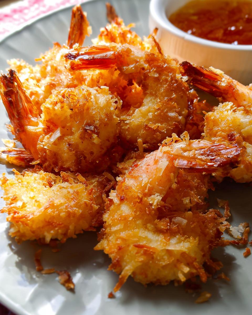 Golden brown crispy coconut shrimp served on a plate with a dipping sauce, part of The Only Shrimp Recipes Recipe You’ll Need.