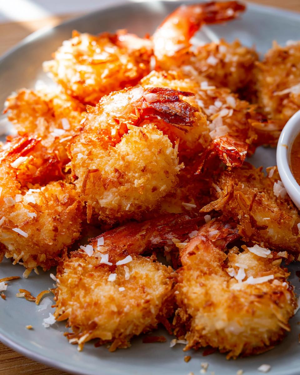 Close-up of crispy coconut shrimp recipe, golden brown and coated in shredded coconut, served on a plate.