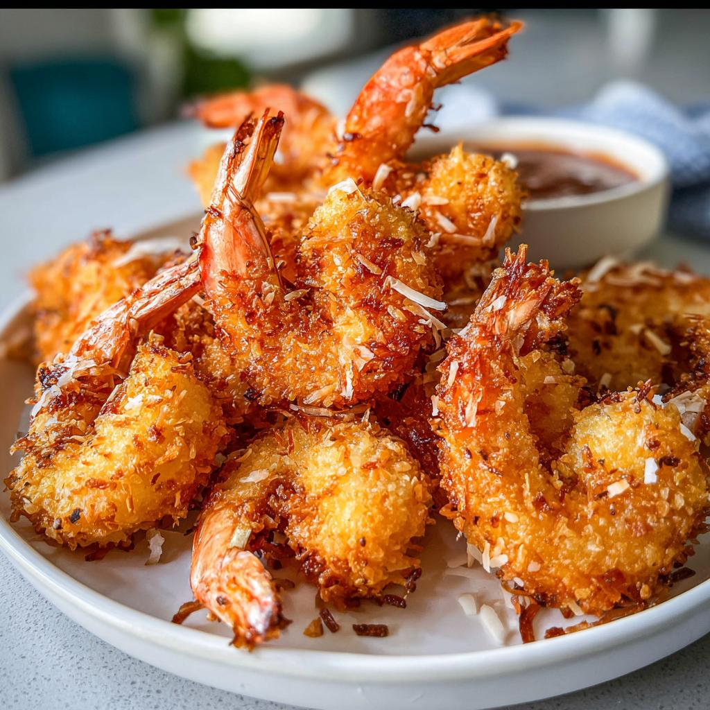 Close-up of golden-brown, crispy coconut shrimp served on a white plate with a dipping sauce.