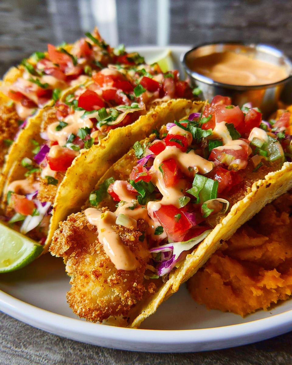Three crispy fish tacos topped with pico de gallo, cilantro, and a creamy sauce, served with mashed sweet potatoes. Perfect for Taco Tuesday recipes.