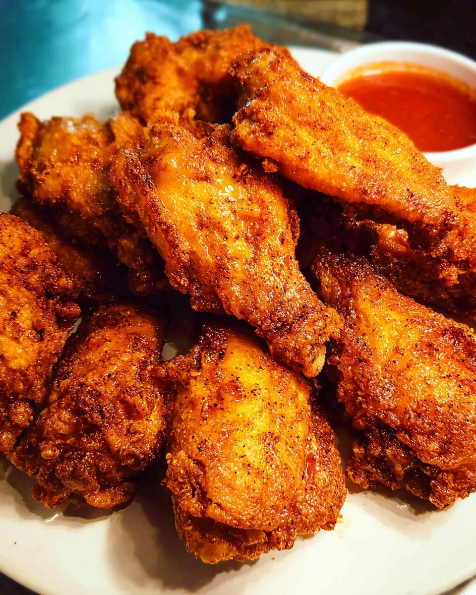 A plate full of golden-brown, crispy fried chicken wings, served with a small bowl of red dipping sauce.