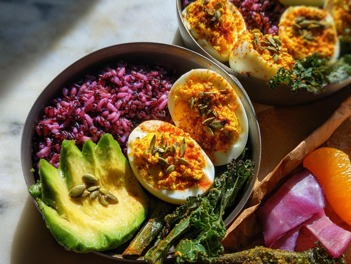 Deviled eggs topped with paprika and pumpkin seeds, served with purple rice, avocado slices, and kale.