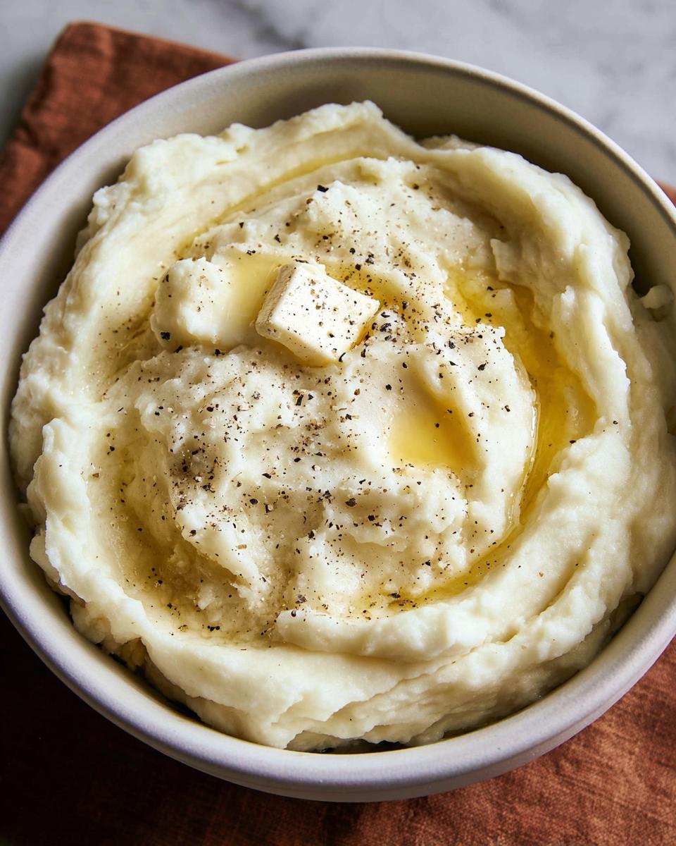 Close-up of creamy mashed potatoes recipe topped with melting butter and black pepper.