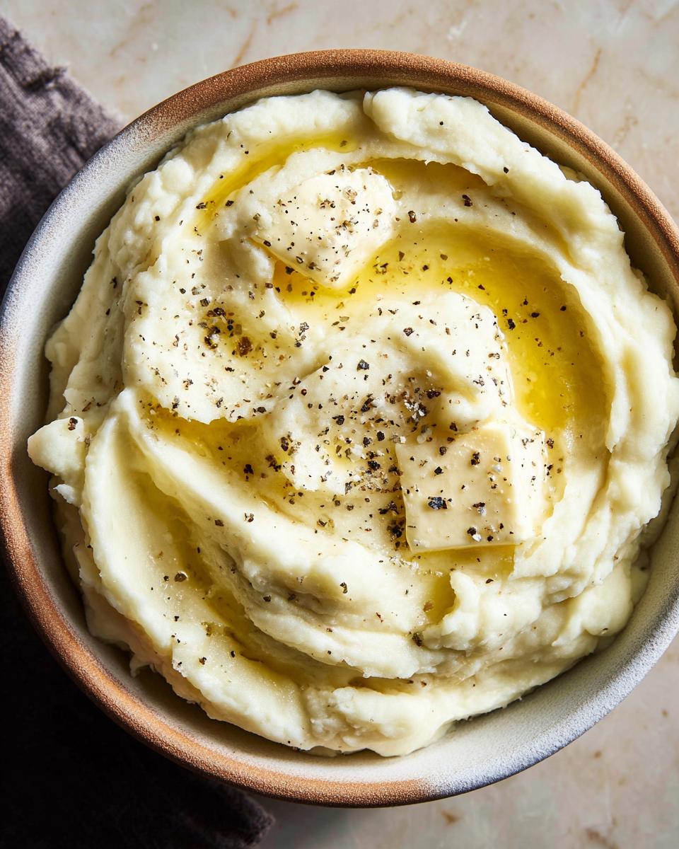 Close-up of a bowl of creamy mashed potatoes topped with melting butter, cracked black pepper, and a drizzle of olive oil.