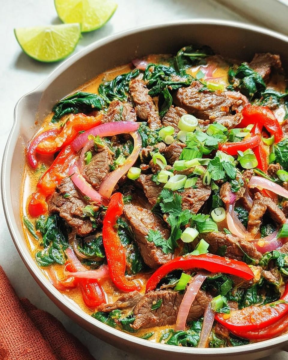 A close-up of a vibrant beef and spinach stir-fry with red peppers and onions, perfect for easy dinner recipes for beginners.