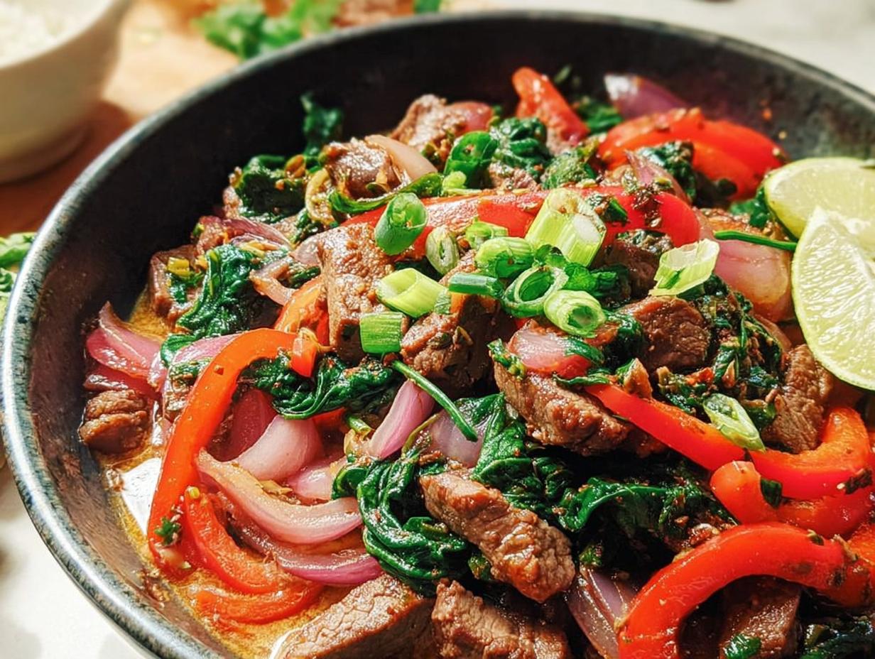 Close-up of an easy beef stir-fry with red peppers, onions, spinach, and lime wedges, perfect for beginners.