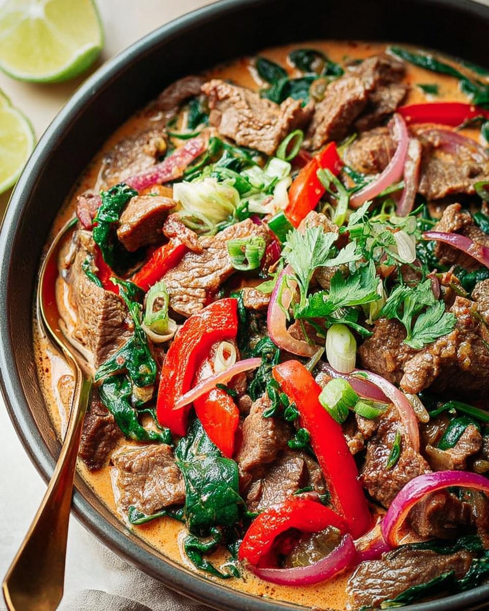 Close-up of a beginner-friendly beef stir fry with tender beef strips, red bell peppers, spinach, and red onion in a creamy sauce.