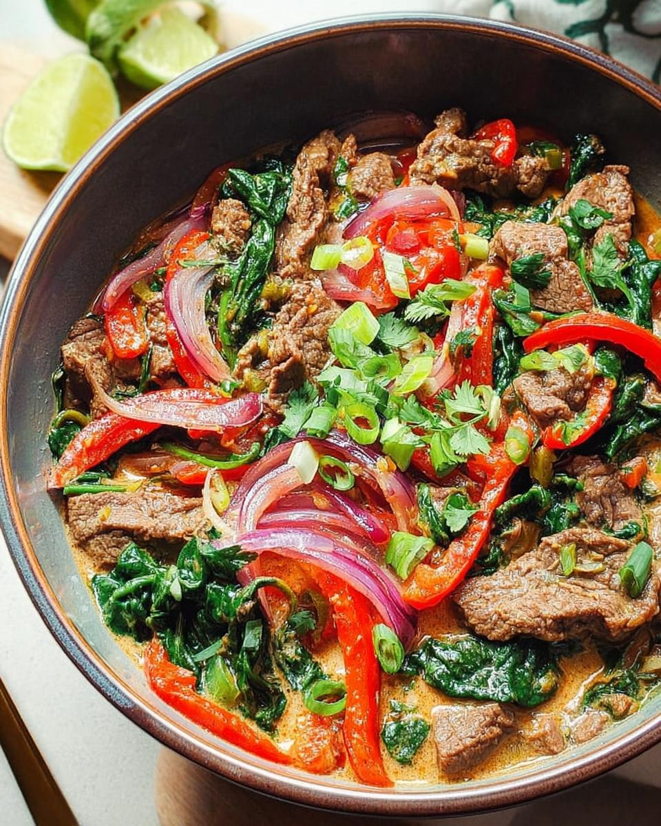 Close-up of a beginner-friendly beef and vegetable stir-fry with red onions, bell peppers, and spinach in a creamy sauce.