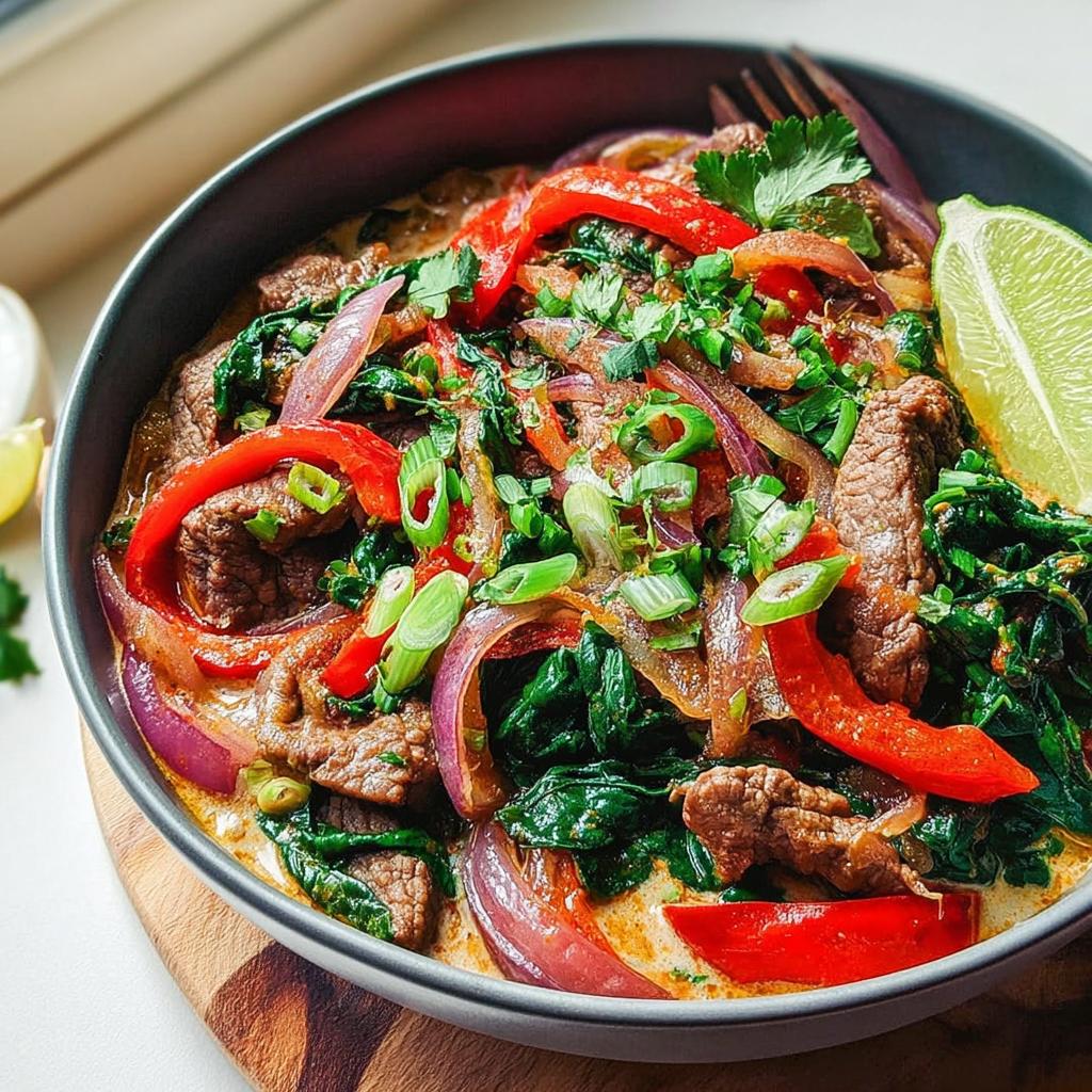 A delicious bowl of beef and vegetable stir-fry with red peppers, onions, spinach, and a creamy sauce, perfect for easy dinner recipes.