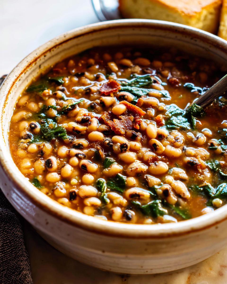 A close-up bowl of hearty black-eyed pea soup, topped with crispy bacon and greens. Part of The Ultimate Soup Recipes Guide for Beginners.