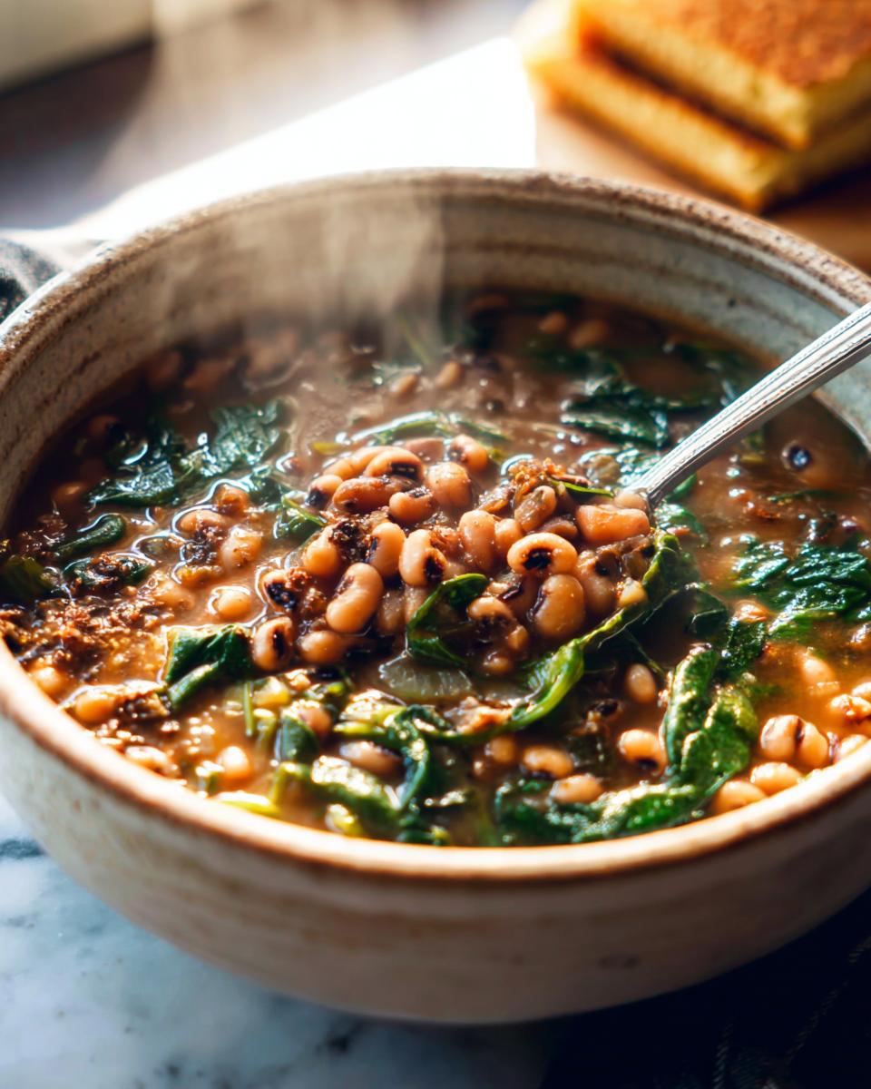 A steaming bowl of easy black-eyed pea soup with spinach, perfect for beginner soup recipes.