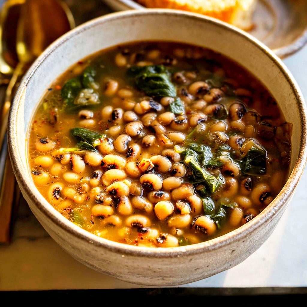 A close-up bowl of hearty black-eyed pea soup with greens and spices, perfect for beginners.