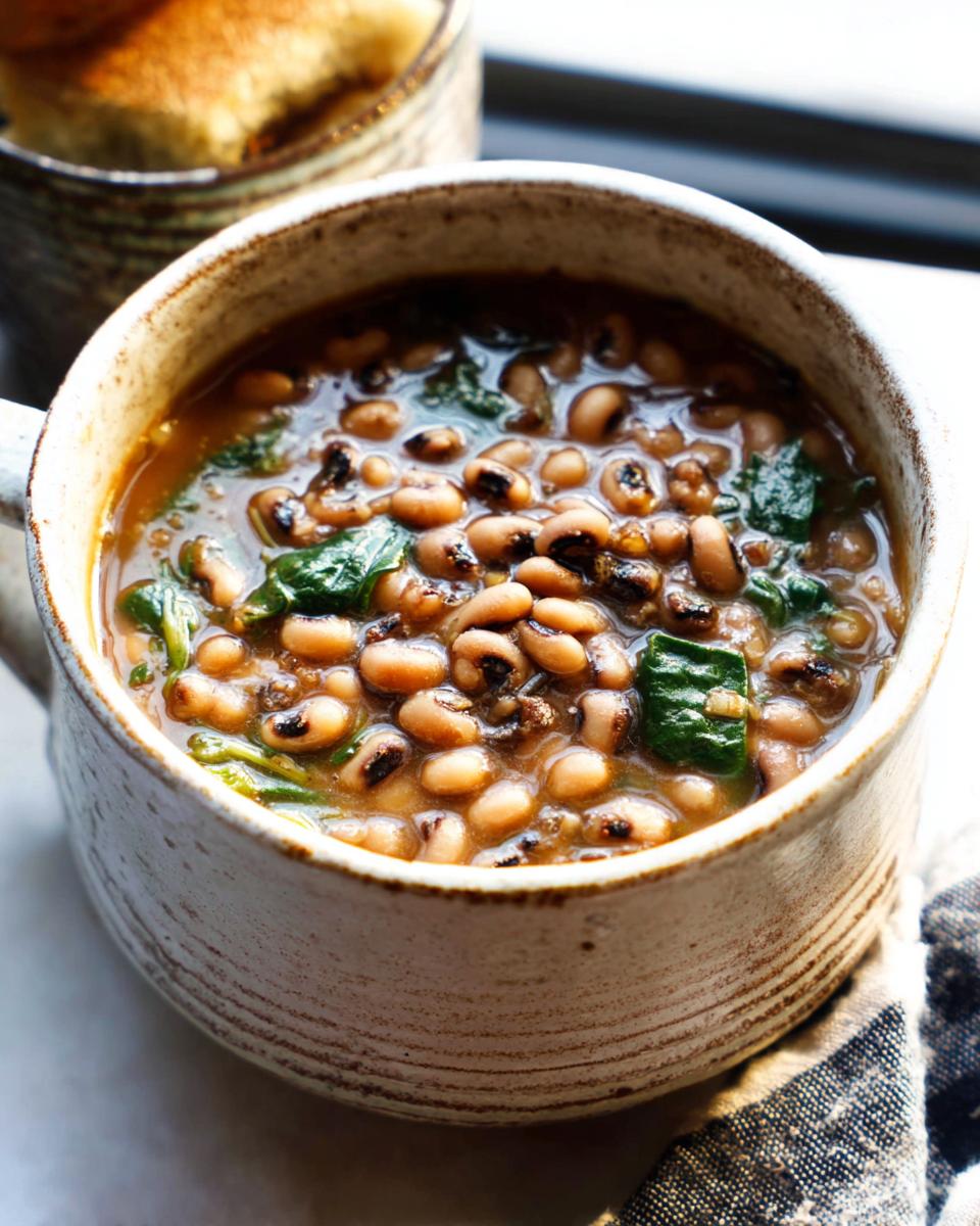 A close-up of a rustic bowl filled with hearty black-eyed pea soup and greens, perfect for beginner soup recipes.