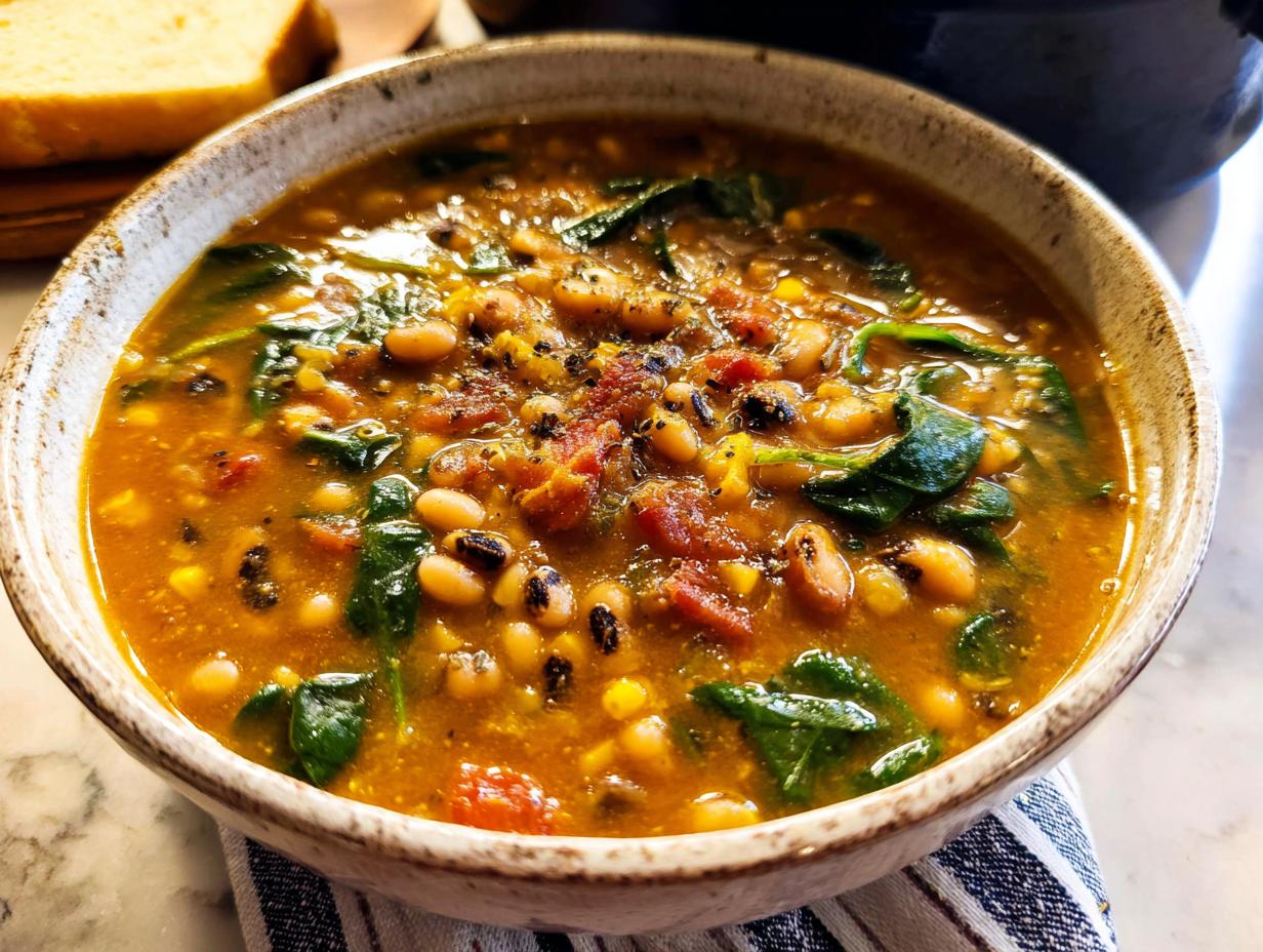 Close-up of a hearty bowl of easy black-eyed pea soup with spinach and tomatoes, perfect for beginners.