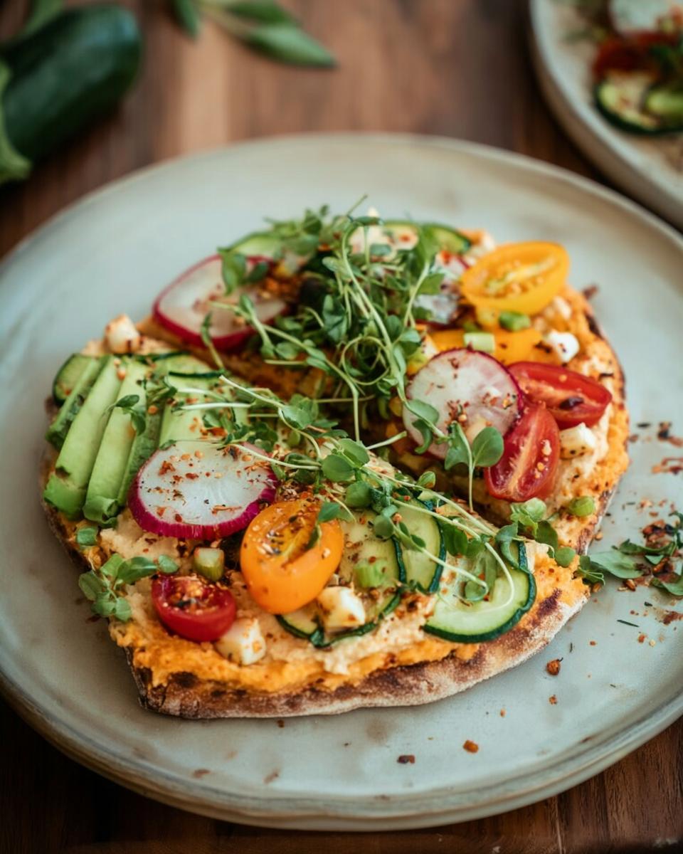 A vibrant hummus flatbread topped with avocado, cucumber, radish, cherry tomatoes, and microgreens, perfect for easy dinner recipes.