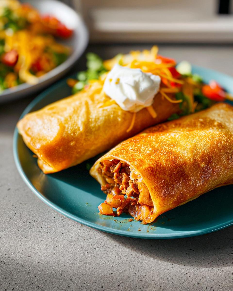 Two golden baked burritos on a blue plate, one with a bite taken out, revealing a savory filling. Topped with sour cream and cheese.