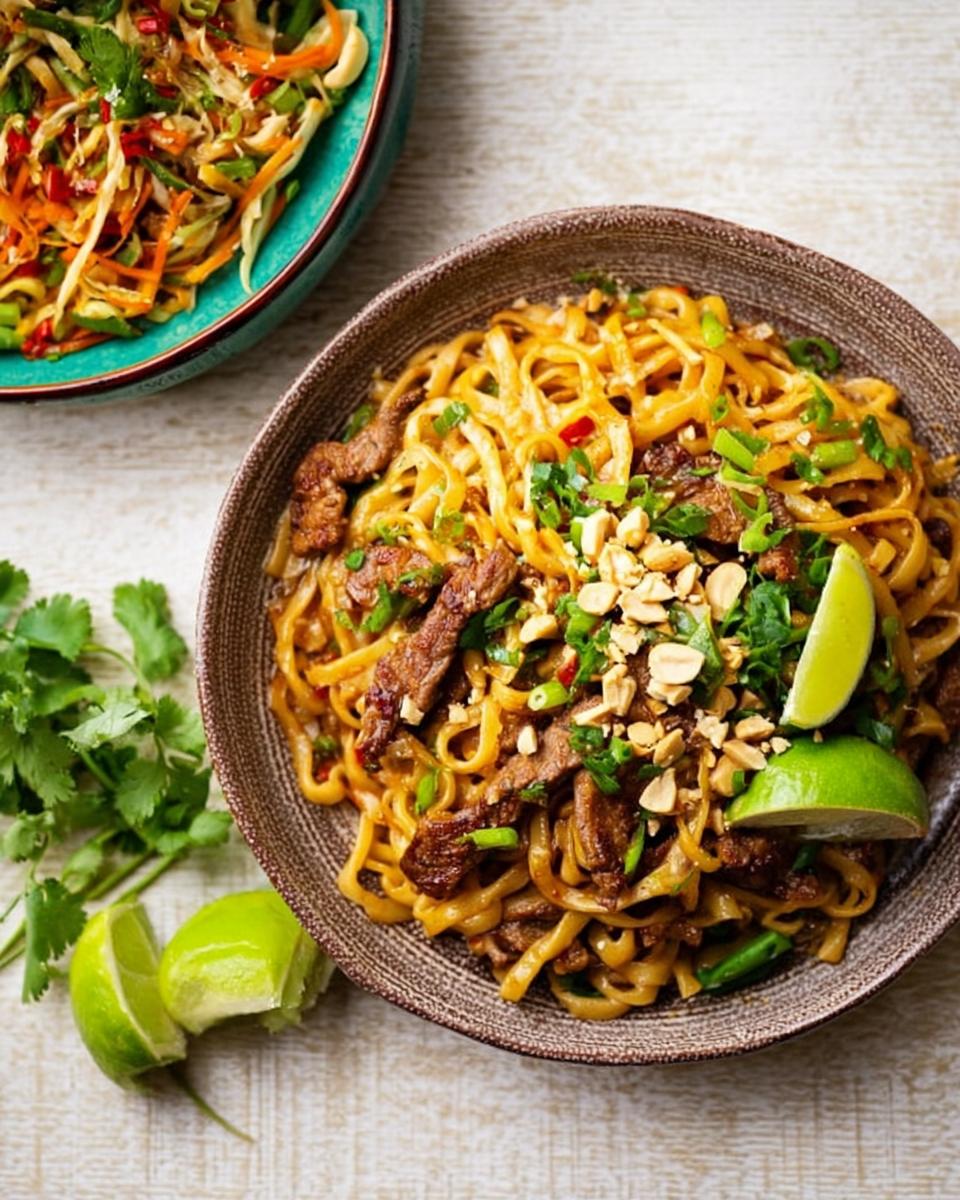 A close-up of a delicious beef and noodle stir-fry, a perfect easy dinner recipe, garnished with peanuts and lime.