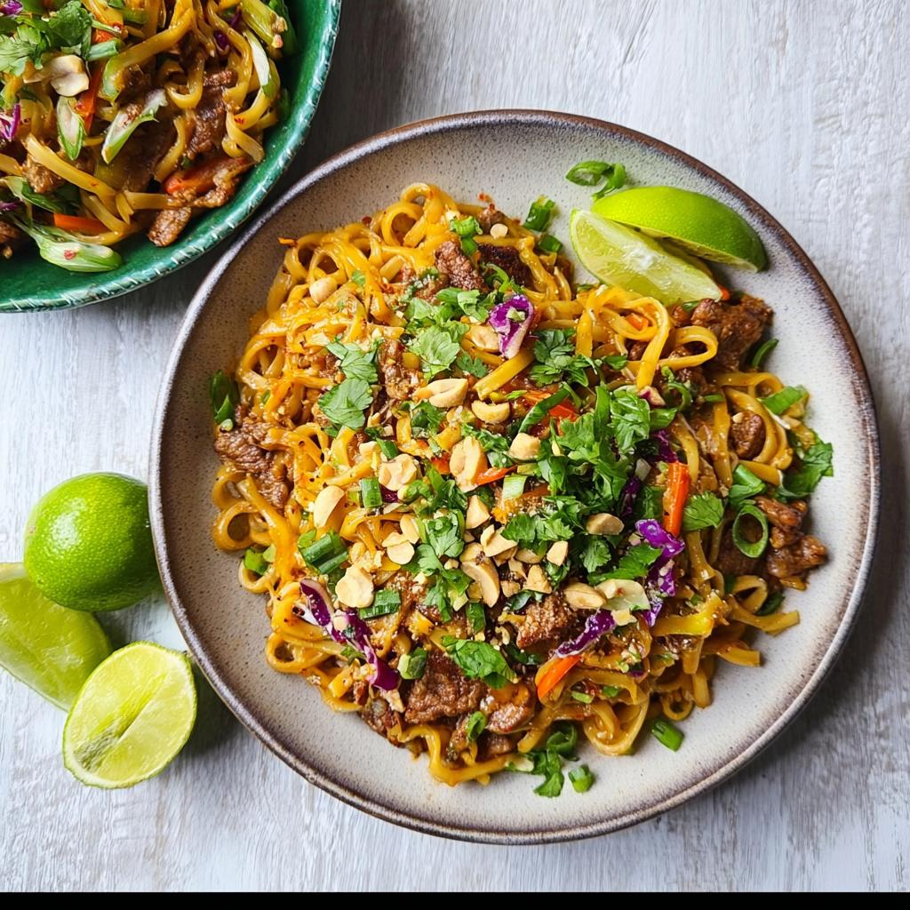 A close-up of a bowl of easy dinner recipe noodles with beef, peanuts, cilantro, and lime wedges.