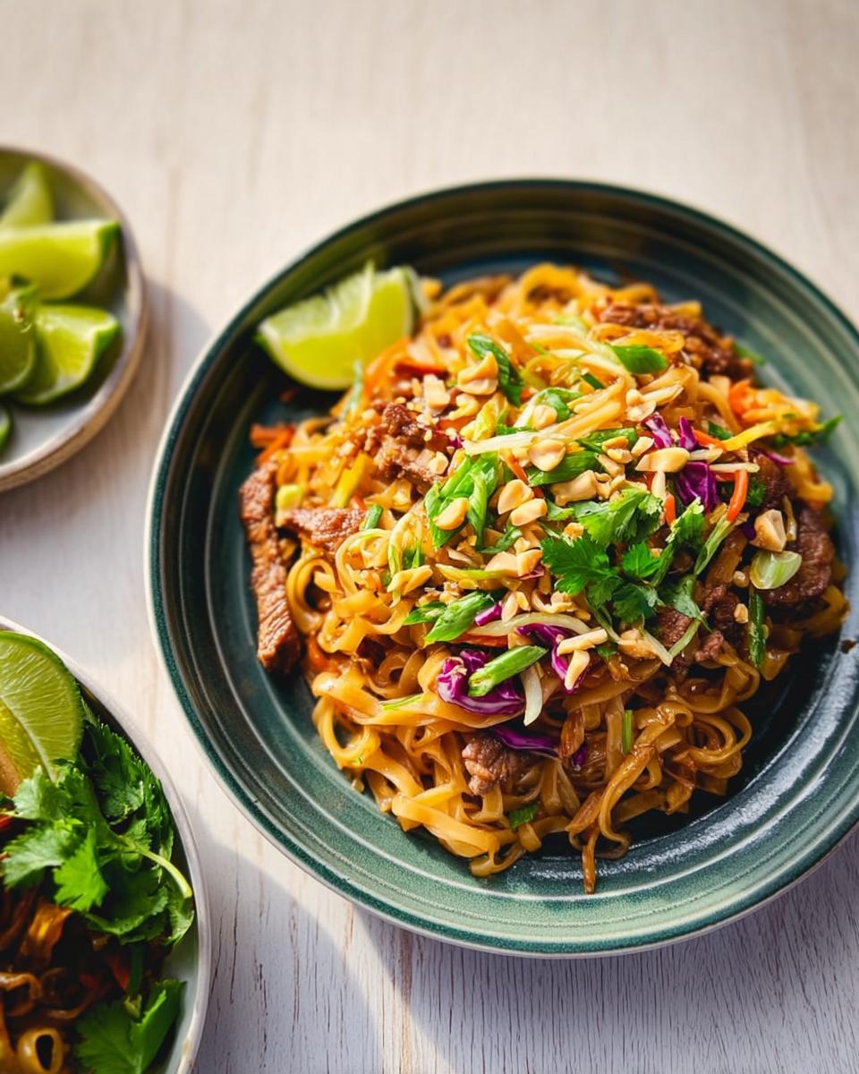 A vibrant bowl of beef Pad Thai noodles, garnished with peanuts, cilantro, and lime wedges, showcasing an easy dinner recipe.