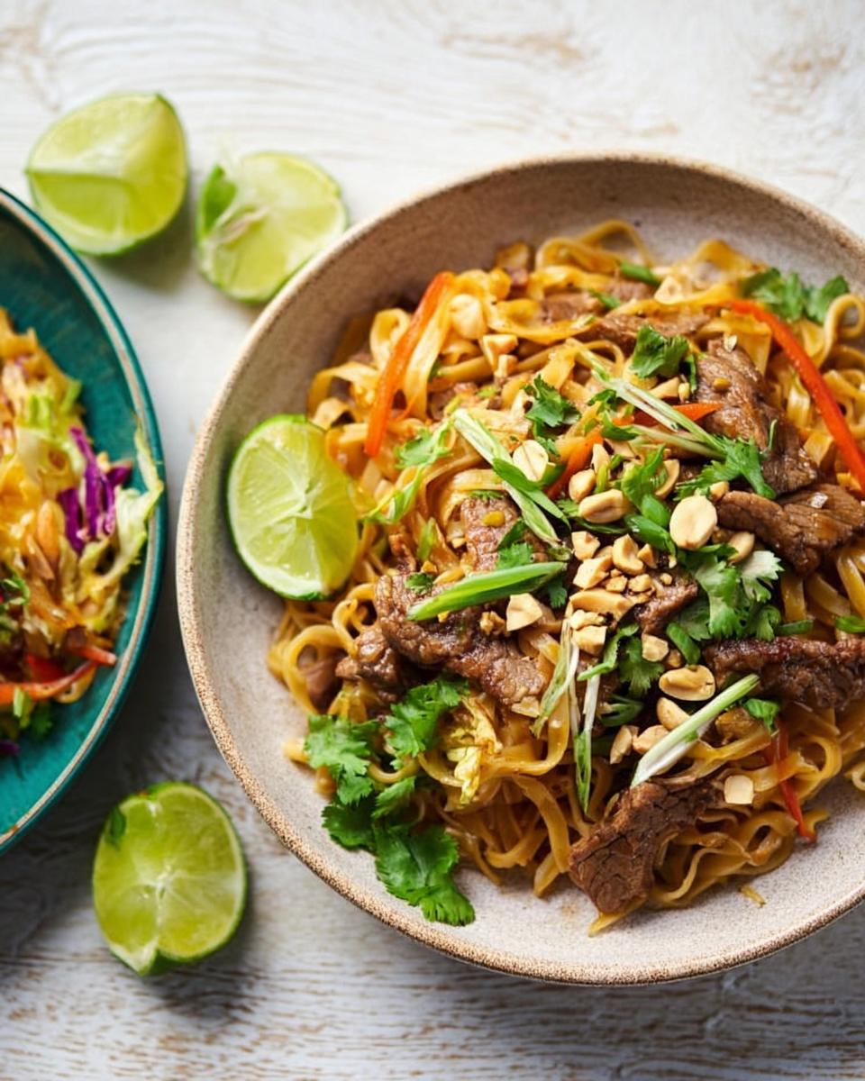 Close-up of a bowl of beef Pad Thai, a popular easy dinner recipe, garnished with lime wedges, cilantro, and peanuts.
