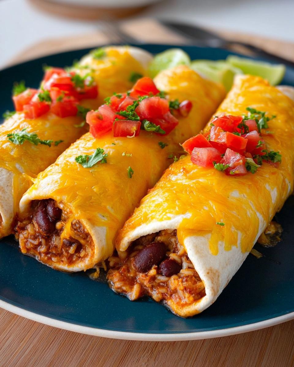 Three cheesy bean and rice burritos topped with diced tomatoes and parsley, served with lime wedges.