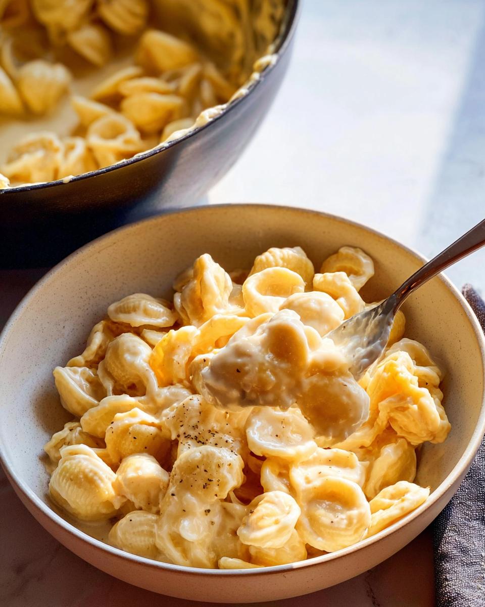 A bowl of creamy mac and cheese, with a fork lifting some pasta, showcasing an easy dinner recipe.