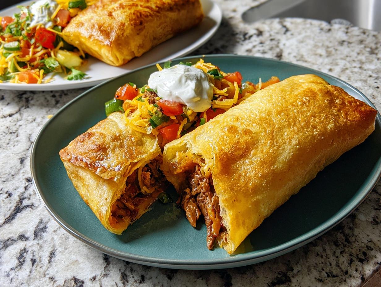 Close-up of a golden-brown crispy burrito, cut in half, revealing shredded meat filling, served with a fresh salsa and sour cream.