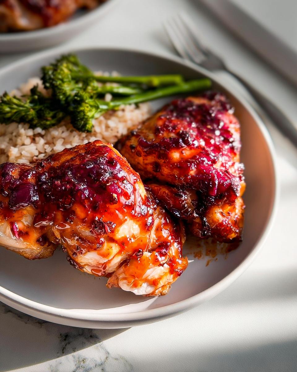 Two pieces of glazed chicken thighs served with brown rice and steamed broccoli, part of easy dinner recipes.