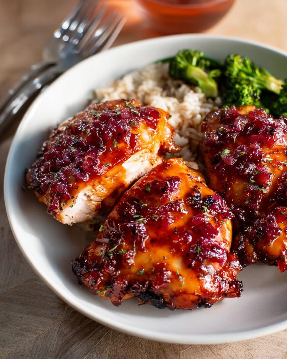Close-up of glazed chicken with a red topping, served with rice and broccoli, perfect for easy dinner recipes.