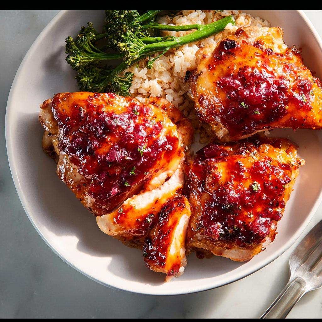 A plate of glazed chicken thighs with rice and broccolini, perfect for easy dinner recipes.