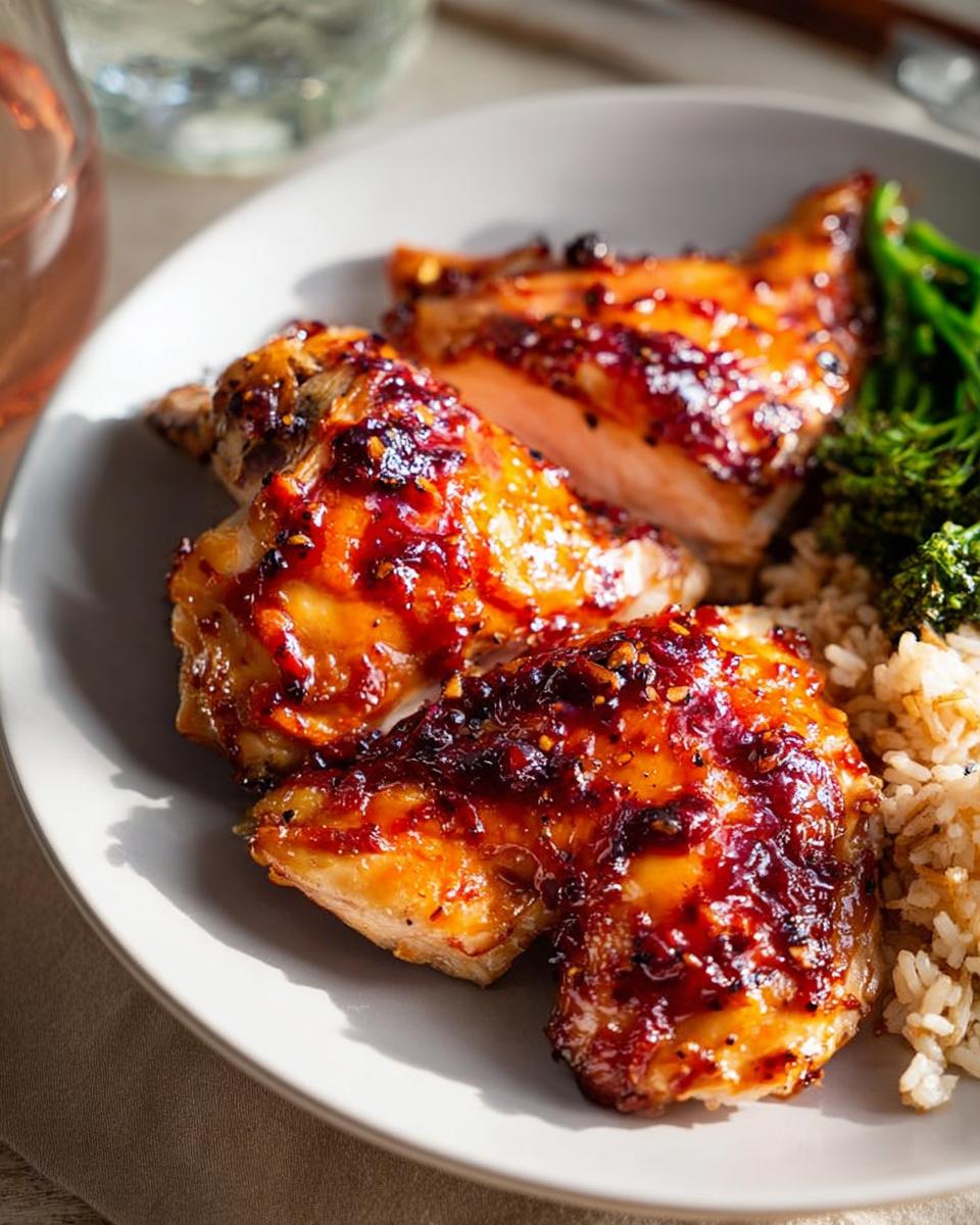 Close-up of glazed chicken pieces served with rice and broccoli, an example of easy dinner recipes.
