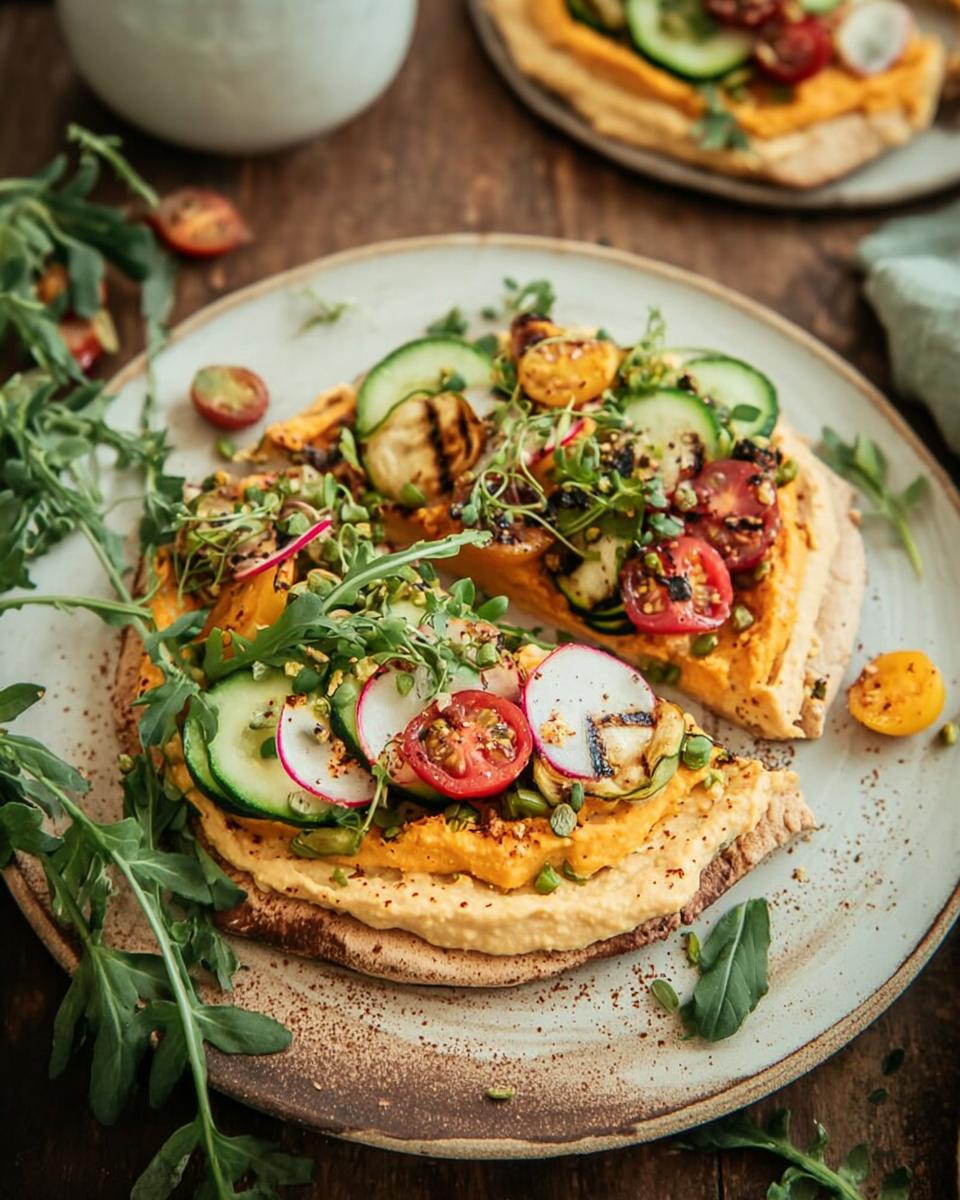 Close-up of an easy dinner recipe: hummus flatbread topped with grilled zucchini, cherry tomatoes, cucumber, radish, and microgreens.