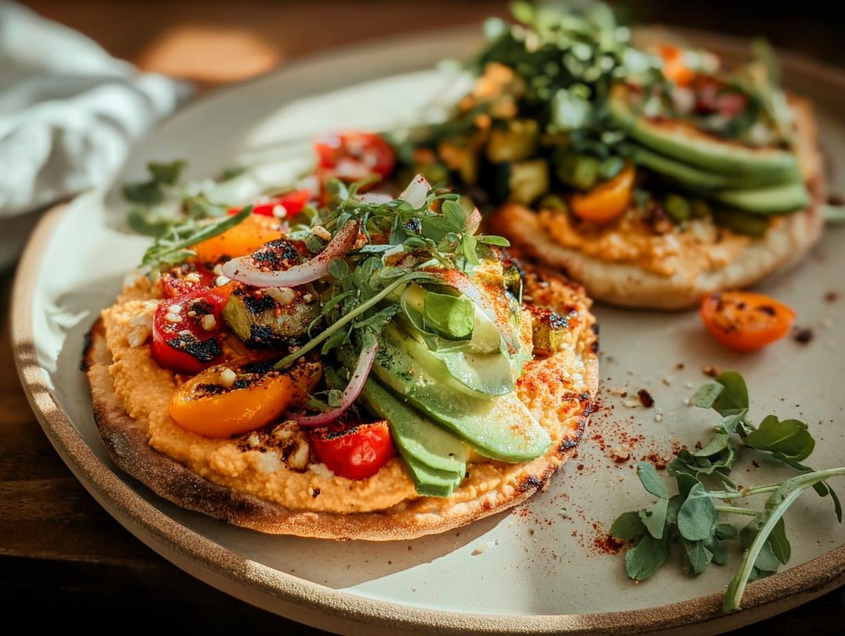 Close-up of an easy dinner recipe: hummus toast topped with sliced avocado, grilled tomatoes, and fresh greens.