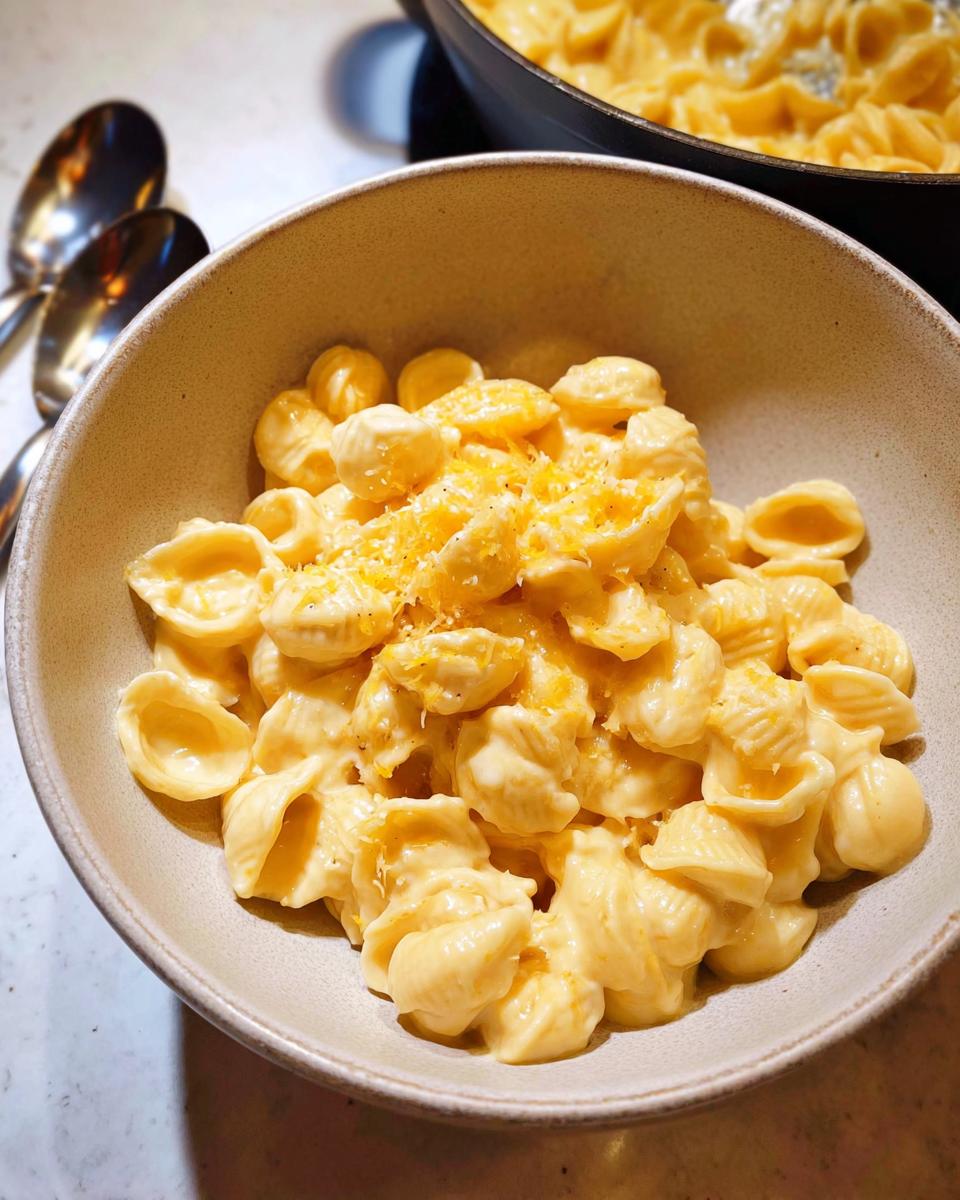 A bowl of creamy macaroni and cheese, a perfect easy dinner recipe, topped with shredded cheese.