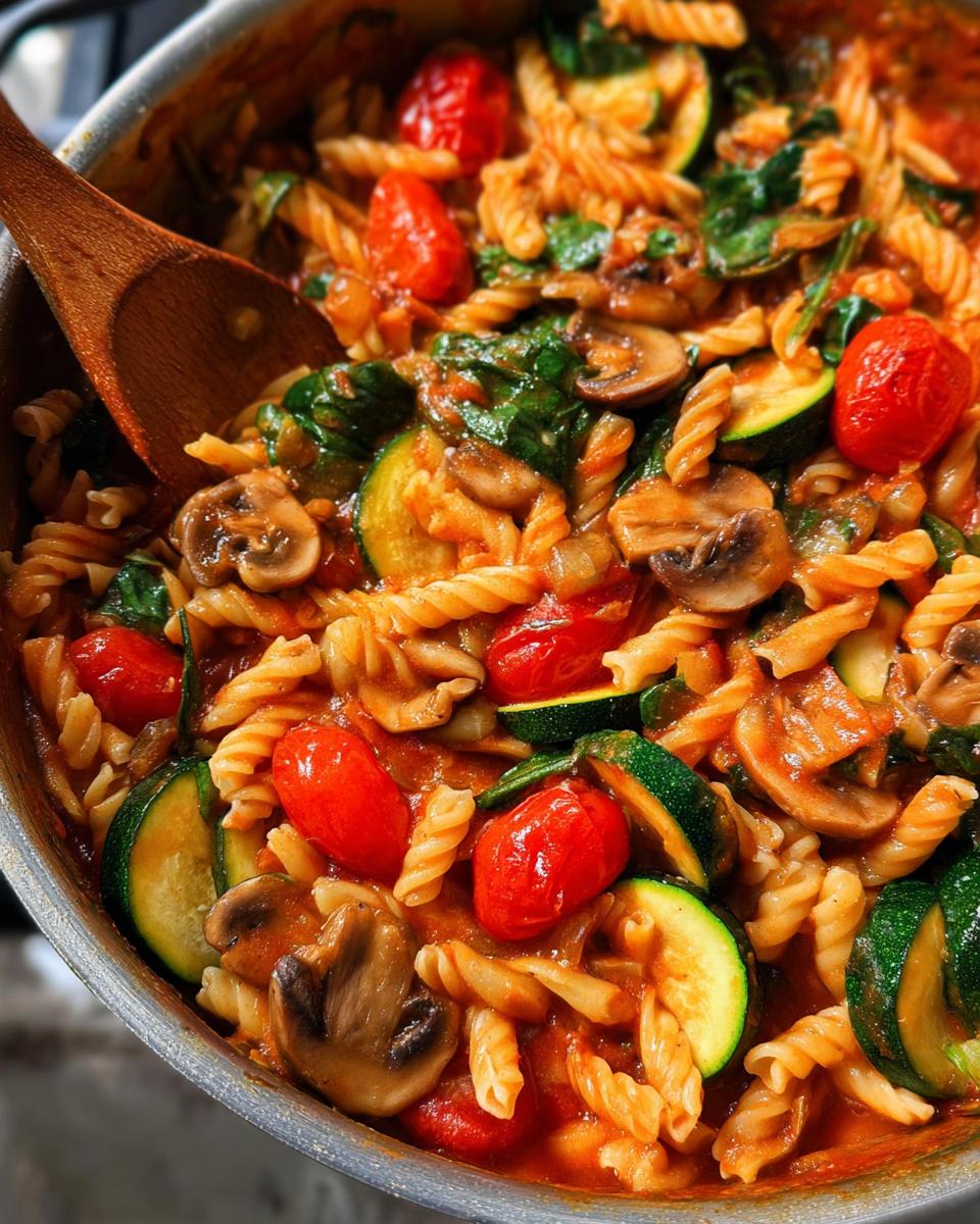 Close-up of a one-pot pasta dish with fusilli, zucchini, cherry tomatoes, mushrooms, and spinach.