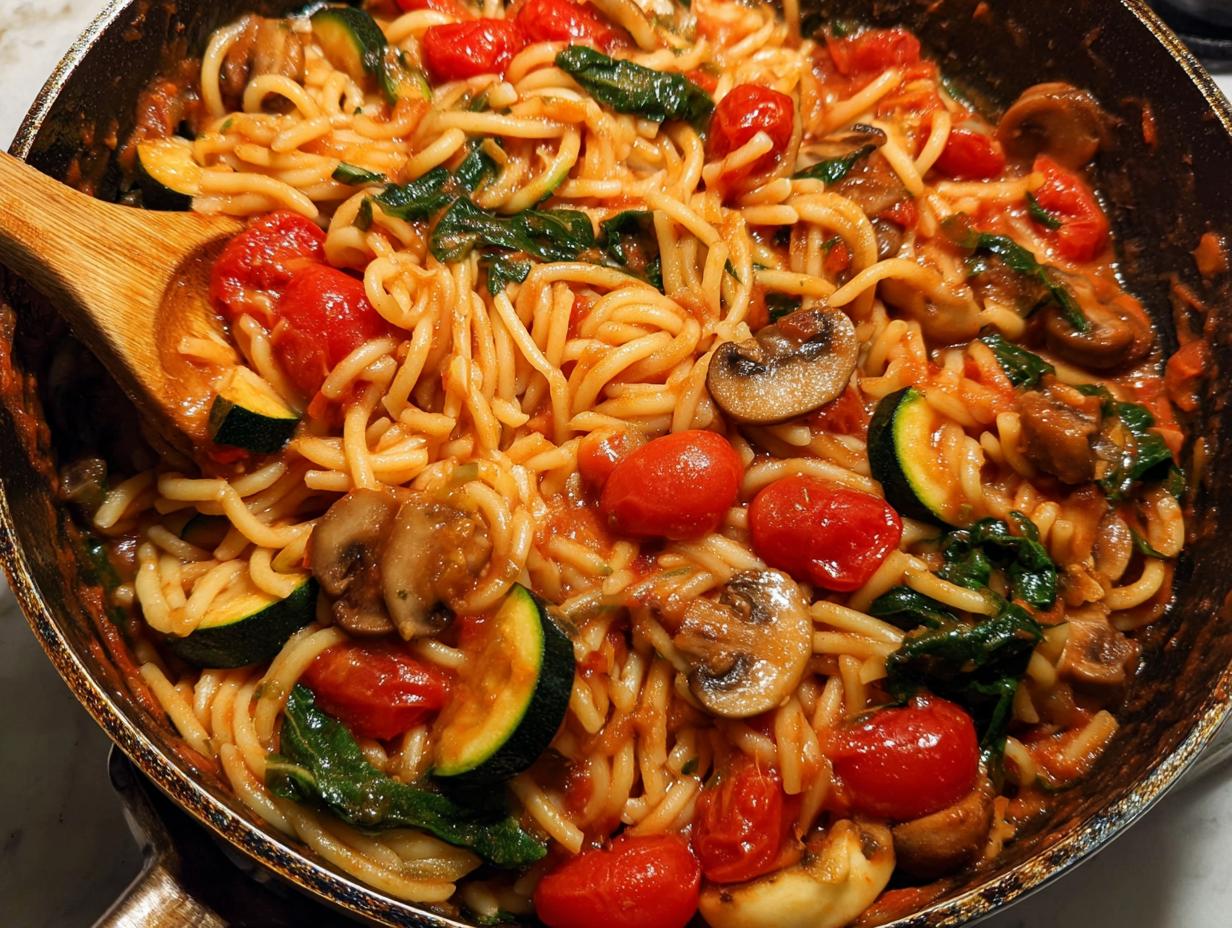 Close-up of a one-pot pasta dish with spaghetti, cherry tomatoes, zucchini, mushrooms, and spinach.