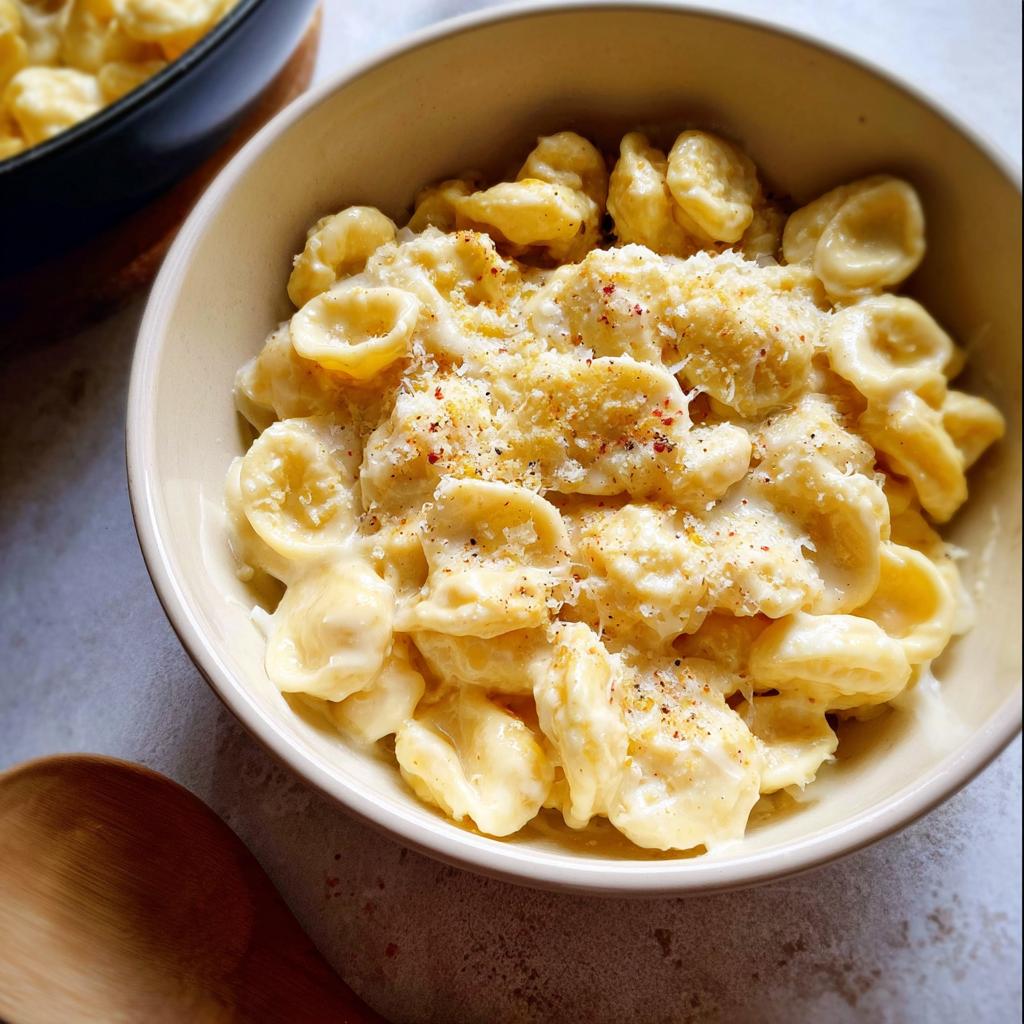 A bowl of creamy orecchiette pasta with a rich cheese sauce, topped with grated Parmesan and red pepper flakes. Easy dinner recipe.