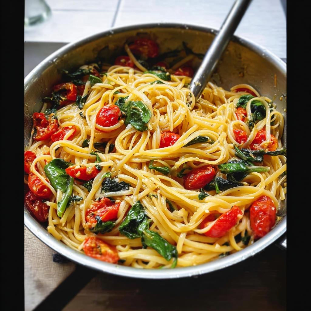 Close-up of a pan filled with spaghetti, cherry tomatoes, and spinach, perfect for easy dinner recipes meal prep.
