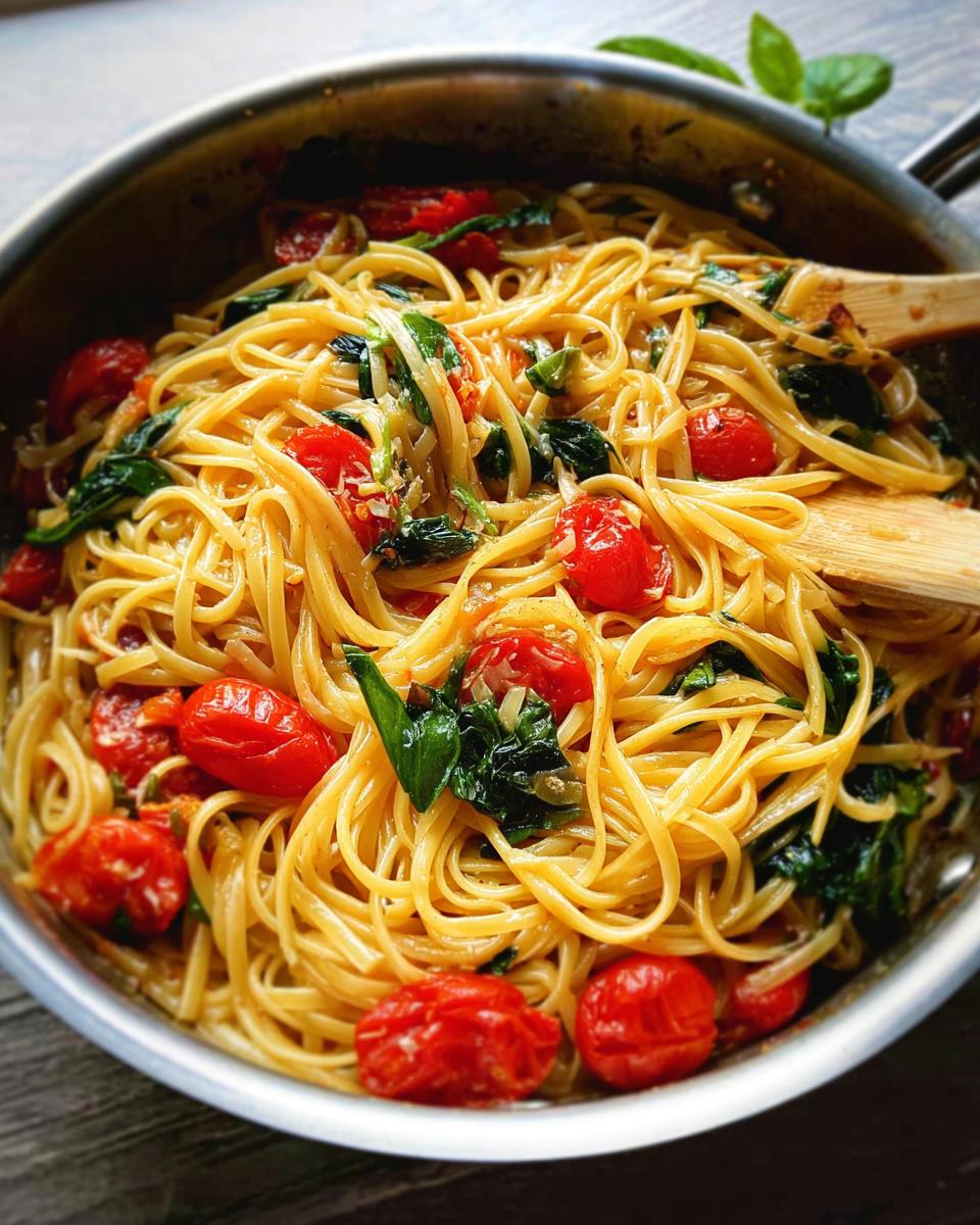 Close-up of a pan of linguine pasta with cherry tomatoes and spinach, a perfect easy dinner recipe.