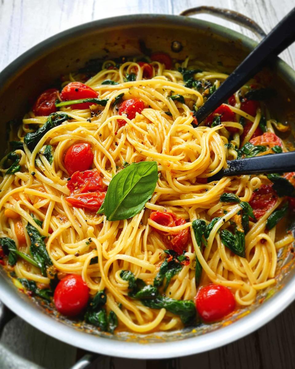 Close-up of a pan filled with linguine pasta, cherry tomatoes, and spinach, a perfect easy dinner recipe.