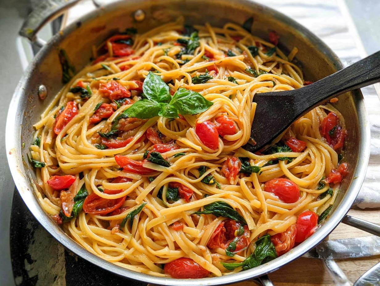 A close-up of a skillet filled with linguine pasta, cherry tomatoes, and spinach, perfect for easy dinner recipes and meal prep.
