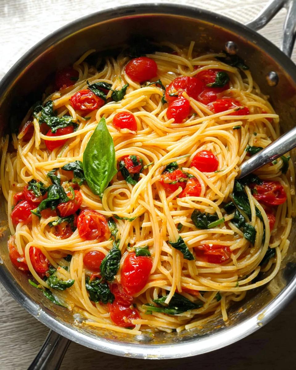 Close-up of spaghetti with cherry tomatoes and spinach, a perfect easy dinner recipe for meal prep.
