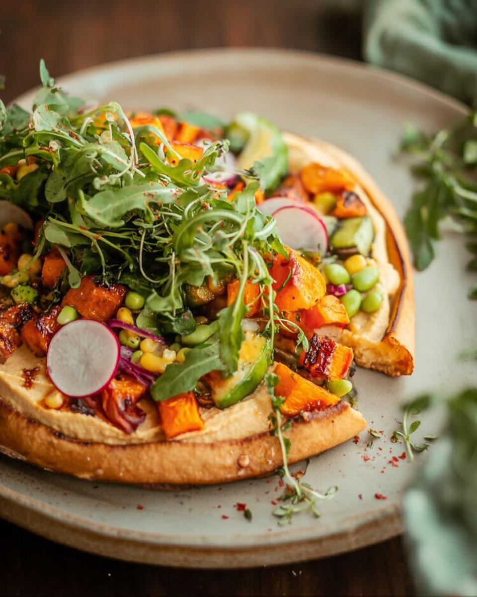 Close-up of a roasted vegetable flatbread topped with hummus, arugula, avocado, and radishes. An easy dinner recipe idea.