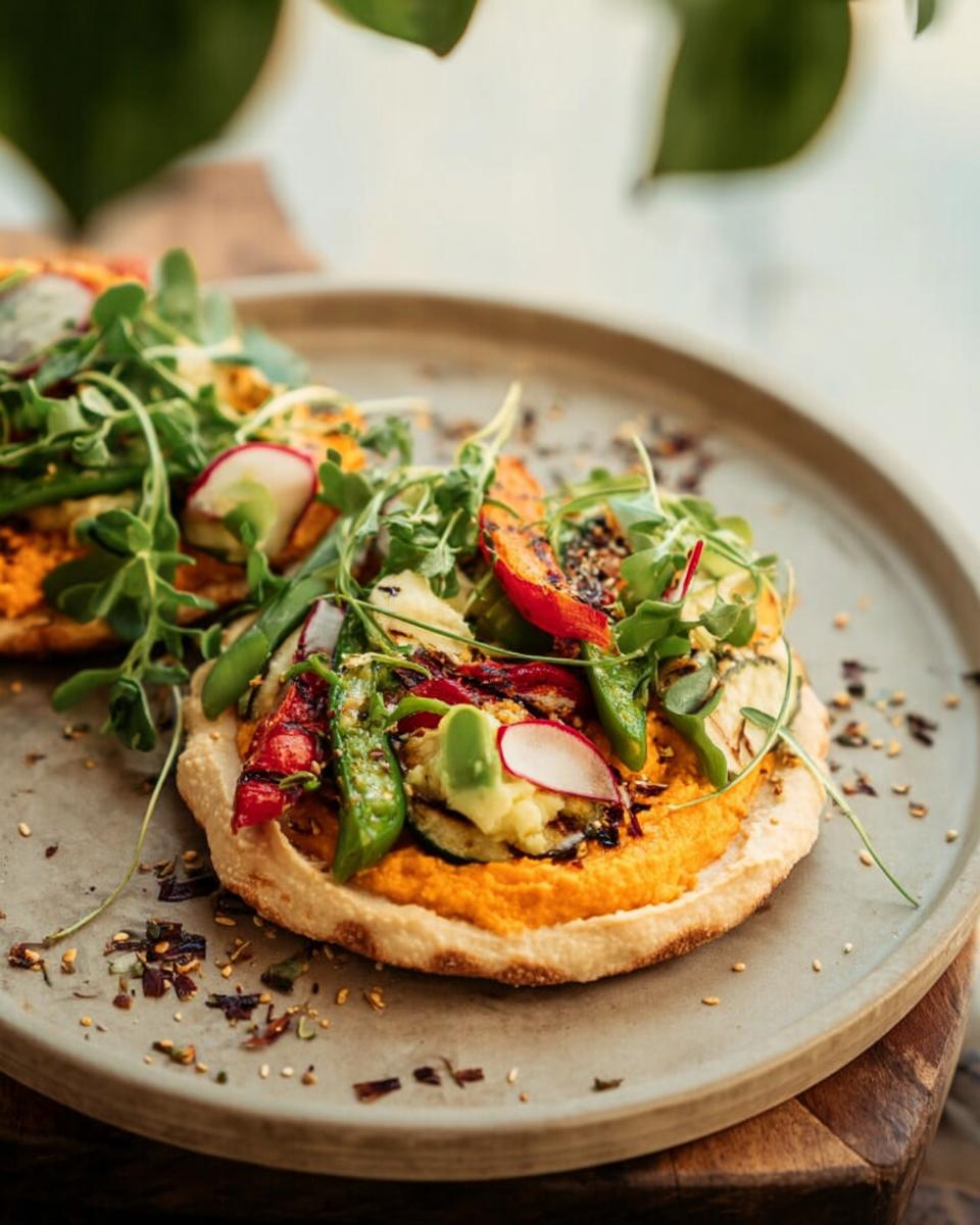 A vibrant hummus and grilled vegetable flatbread, showcasing colorful roasted vegetables and fresh greens, perfect for easy dinner recipes.