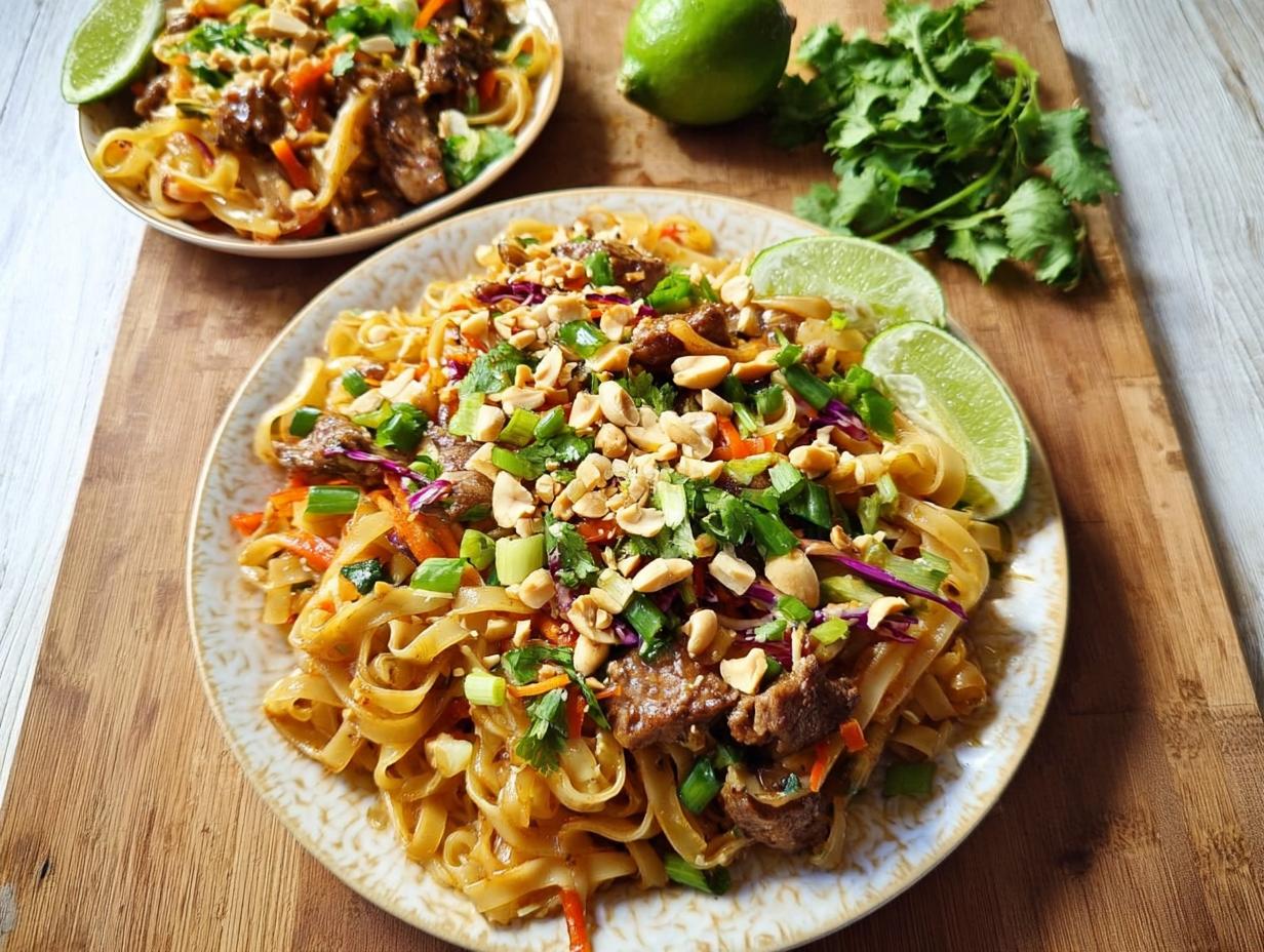 A vibrant plate of beef and noodle stir-fry, a perfect example of easy dinner recipes, garnished with peanuts, green onions, and lime.