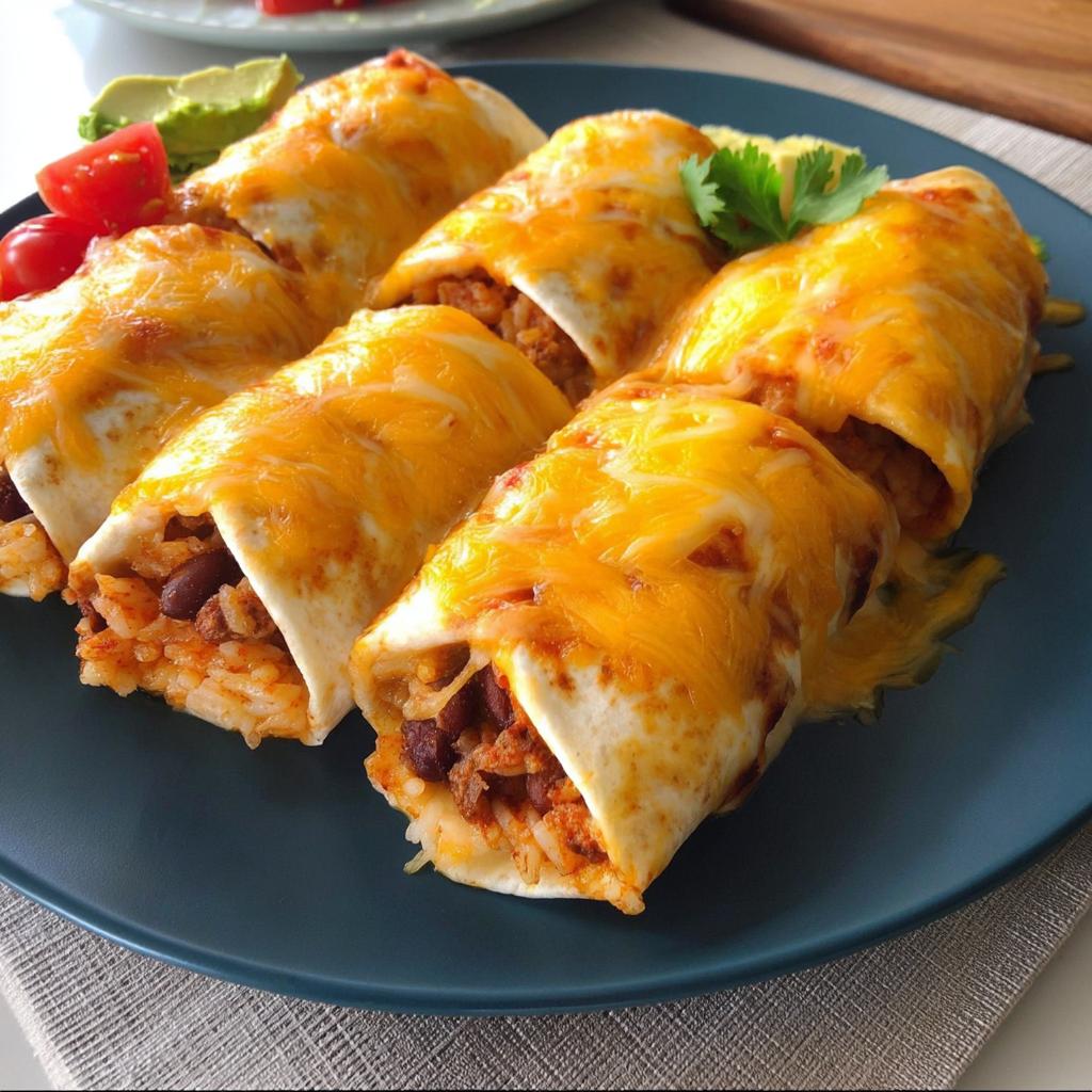A plate of cheesy baked burritos filled with rice and beans, a perfect example of easy dinner recipes.