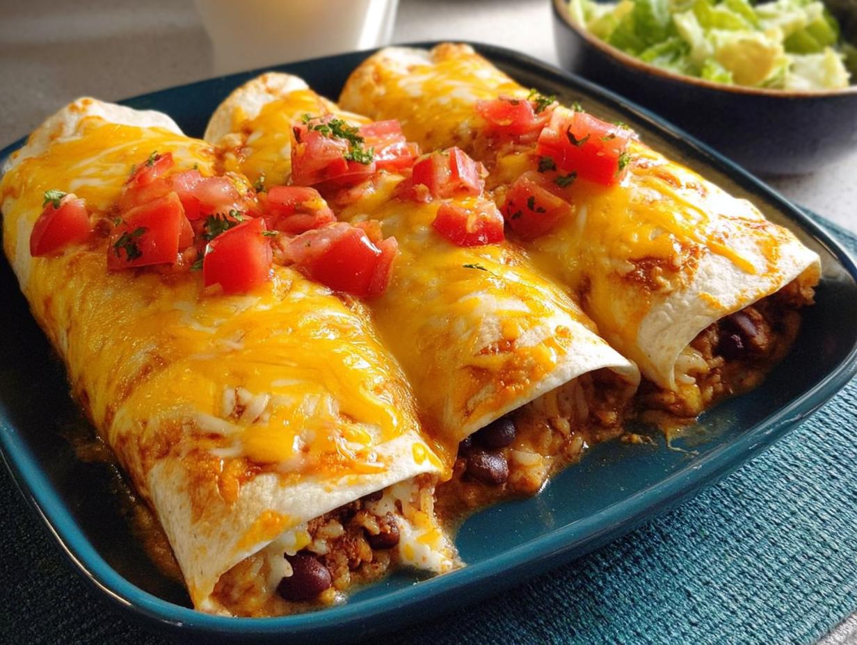 Three cheesy enchiladas topped with diced tomatoes and cilantro, part of easy dinner recipes.
