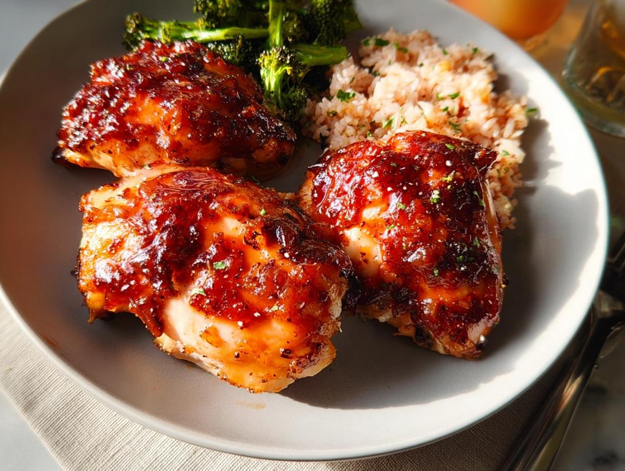 Three glazed chicken thighs served with rice and broccoli, perfect for easy dinner recipes.