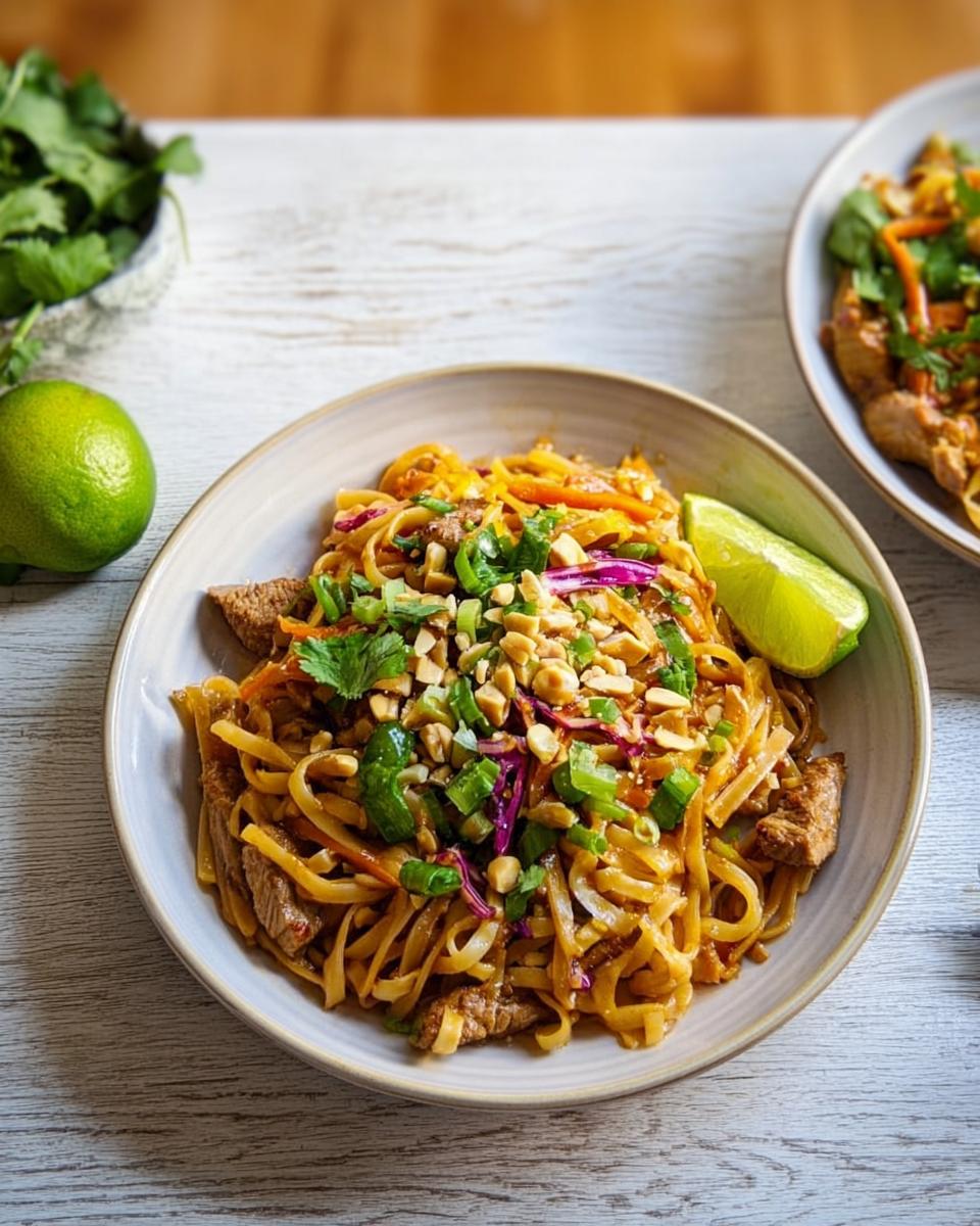 A close-up of a delicious Pad Thai dish with noodles, beef, vegetables, peanuts, and a lime wedge.